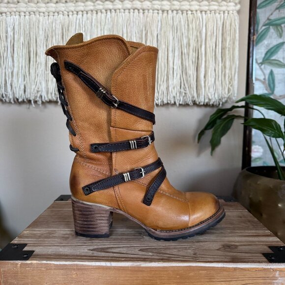 FREEBIRD Cora Genuine Leather Tan Brown Straps Silver Hardware Boots Size 7 - Picture 10 of 17